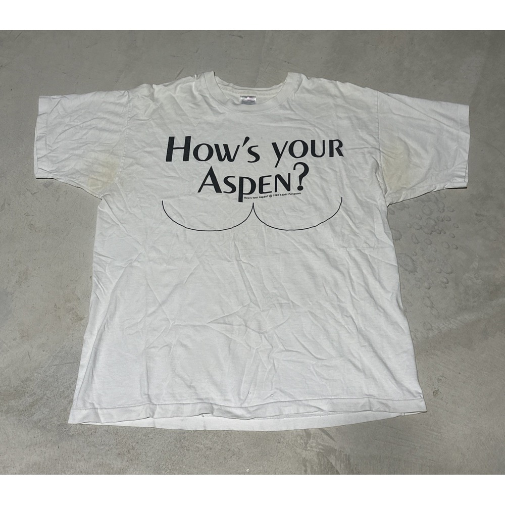 VTG 90s HOW'S YOUR ASPEN? T-Shirt SZ XL Colorado Skiing Funny Joke Stained